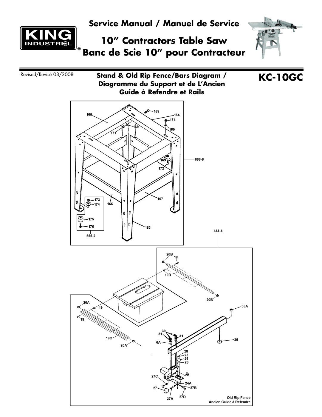 King Canada KC-10GC service manual Stand & Old Rip Fence/Bars Diagram 