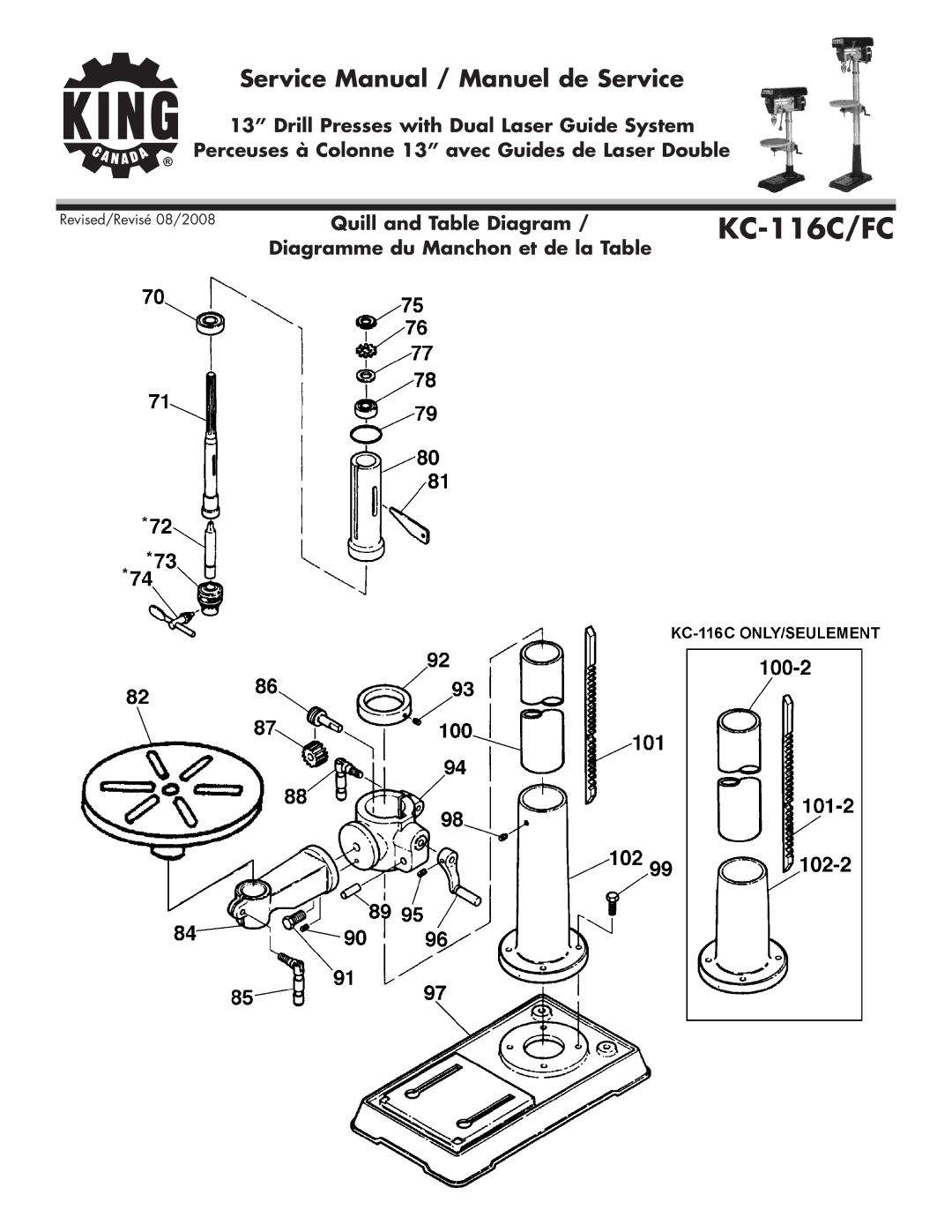 King Canada KC-116C/FC service manual Quill and Table Diagram 