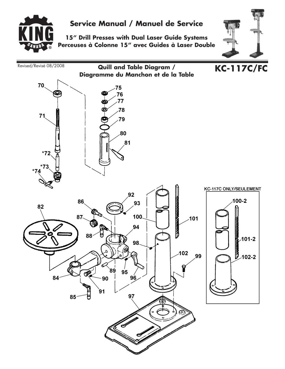 King Canada KC-117C/FC service manual Quill and Table Diagram 