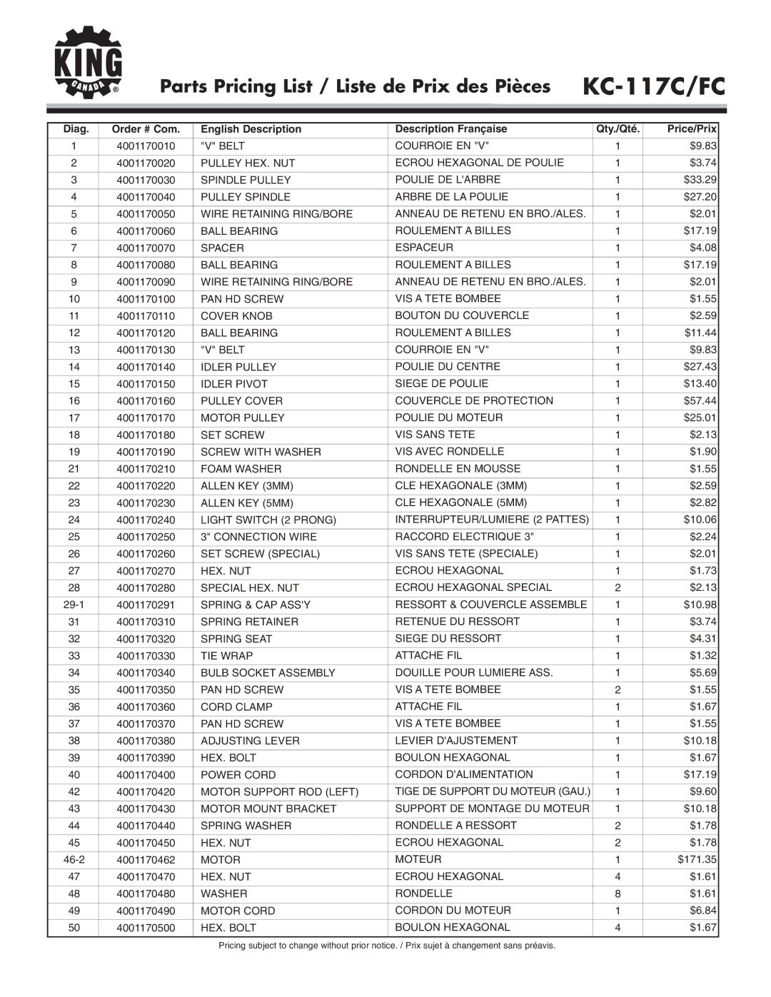 King Canada KC-117C/FC service manual Parts Pricing List / Liste de Prix des Pièces 