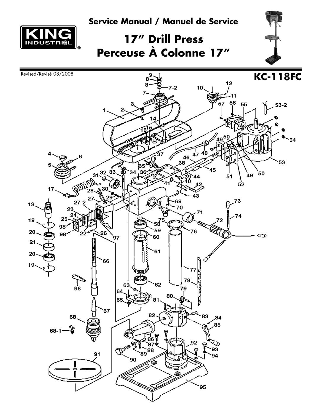 King Canada KC-118FC service manual Drill Press Perceuse À Colonne 