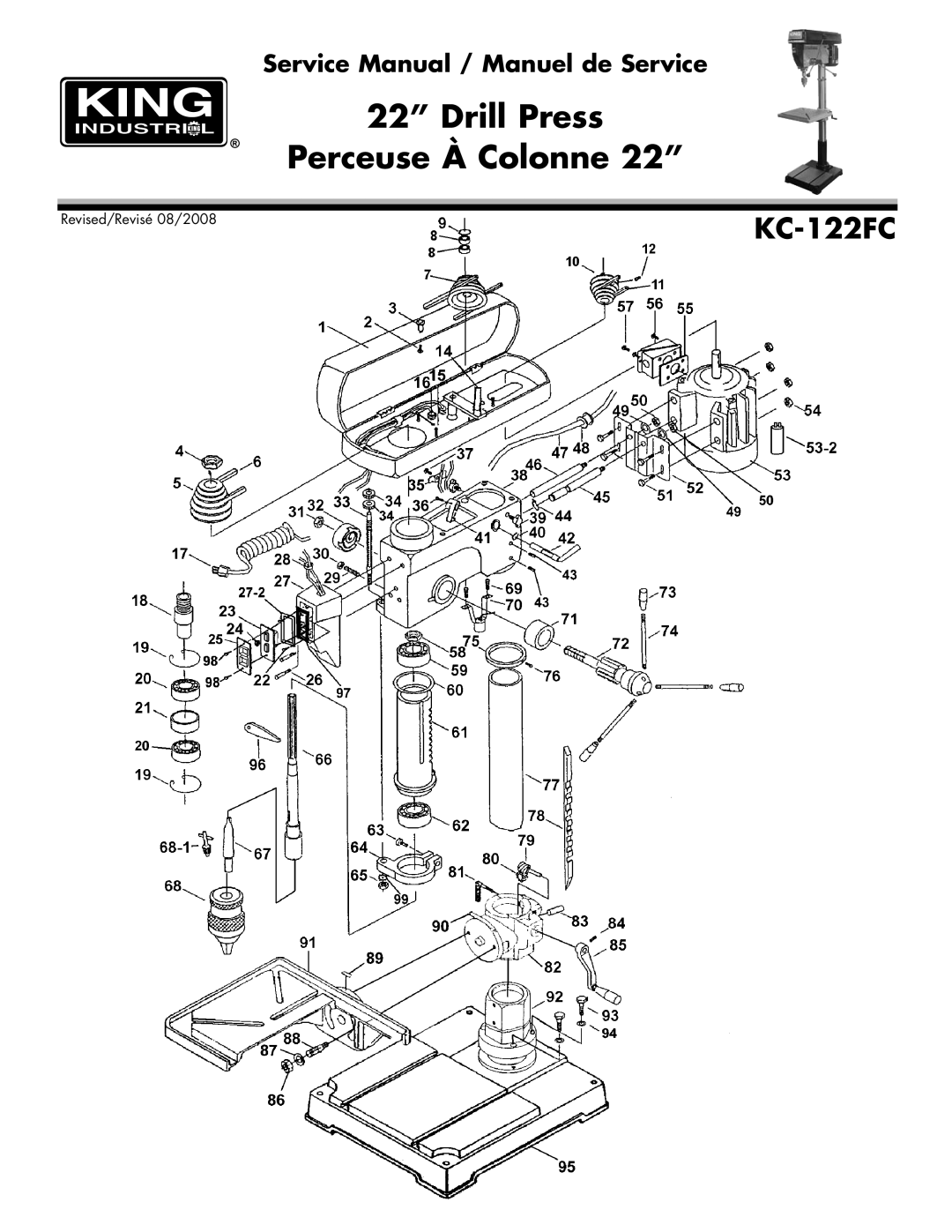 King Canada KC-122FC service manual Drill Press Perceuse À Colonne 