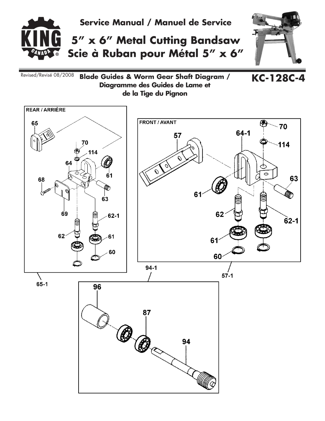 King Canada KC-128C-4 service manual Metal Cutting Bandsaw Scie à Ruban pour Métal 5 x 