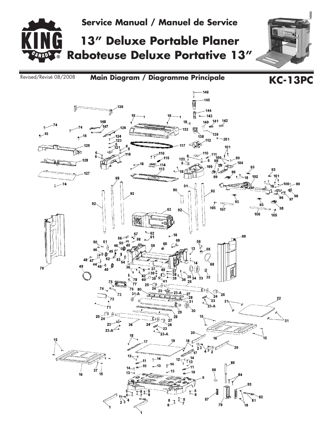 King Canada KC-13PC service manual Deluxe Portable Planer Raboteuse Deluxe Portative 