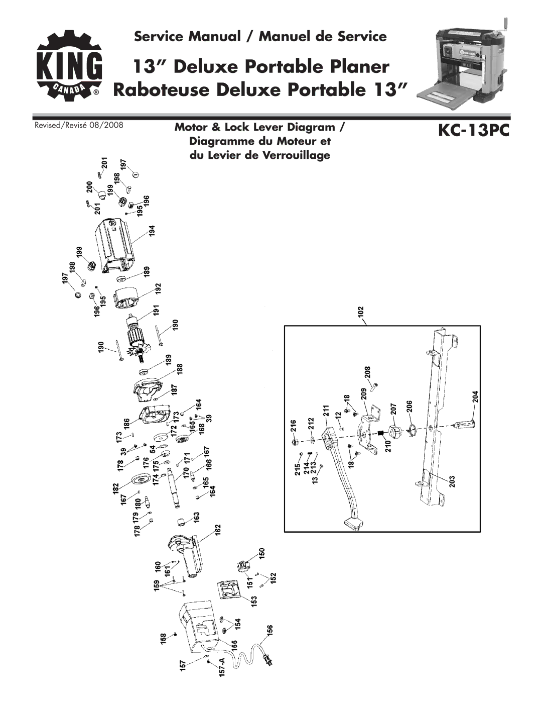 King Canada KC-13PC service manual Deluxe Portable Planer Raboteuse Deluxe Portable 