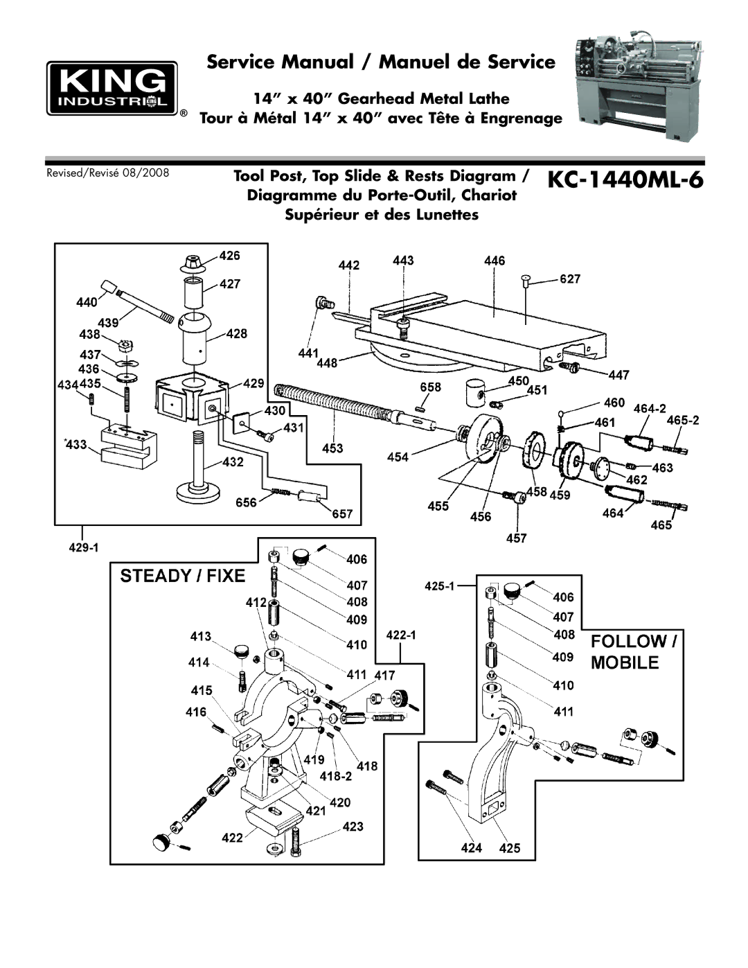 King Canada KC-1440ML-6 service manual Tool Post, Top Slide & Rests Diagram 