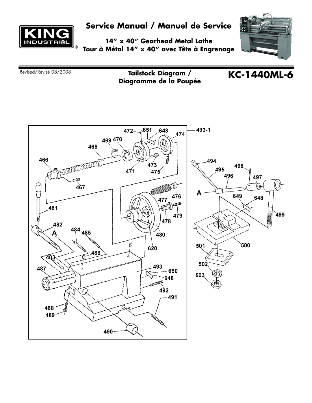 King Canada KC-1440ML-6 service manual Tailstock Diagram 