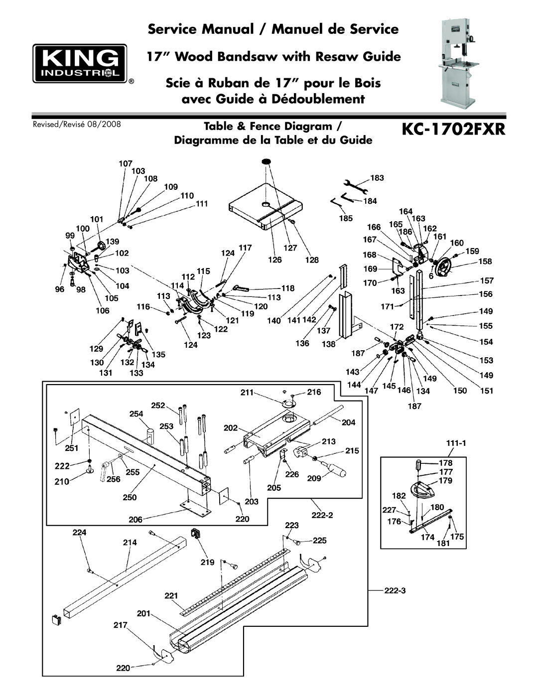 King Canada KC-1702FXR service manual Table & Fence Diagram 