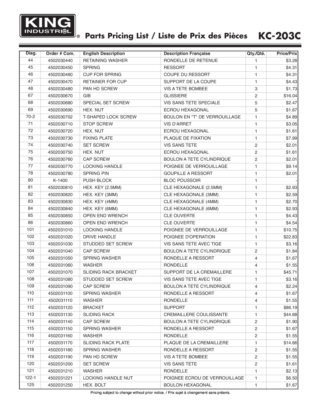 King Canada KC-203C Parts Pricing List / Liste de Prix des Pièces, Diag, English Description, Description Française 