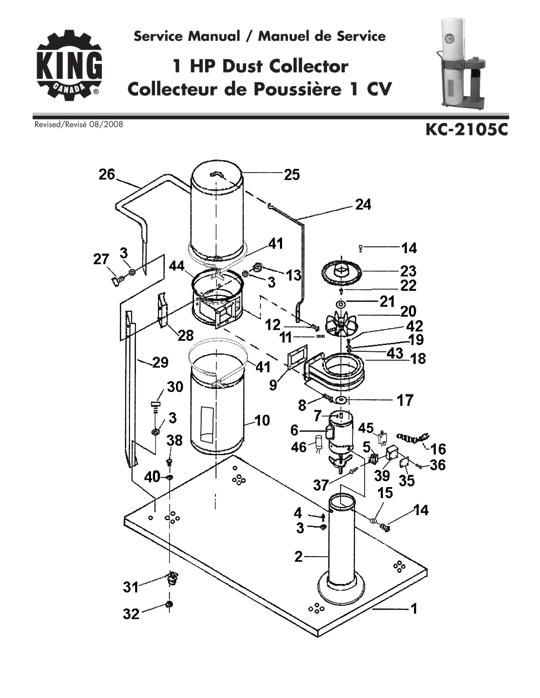 King Canada KC-2105C service manual HP Dust Collector Collecteur de Poussière 1 CV 