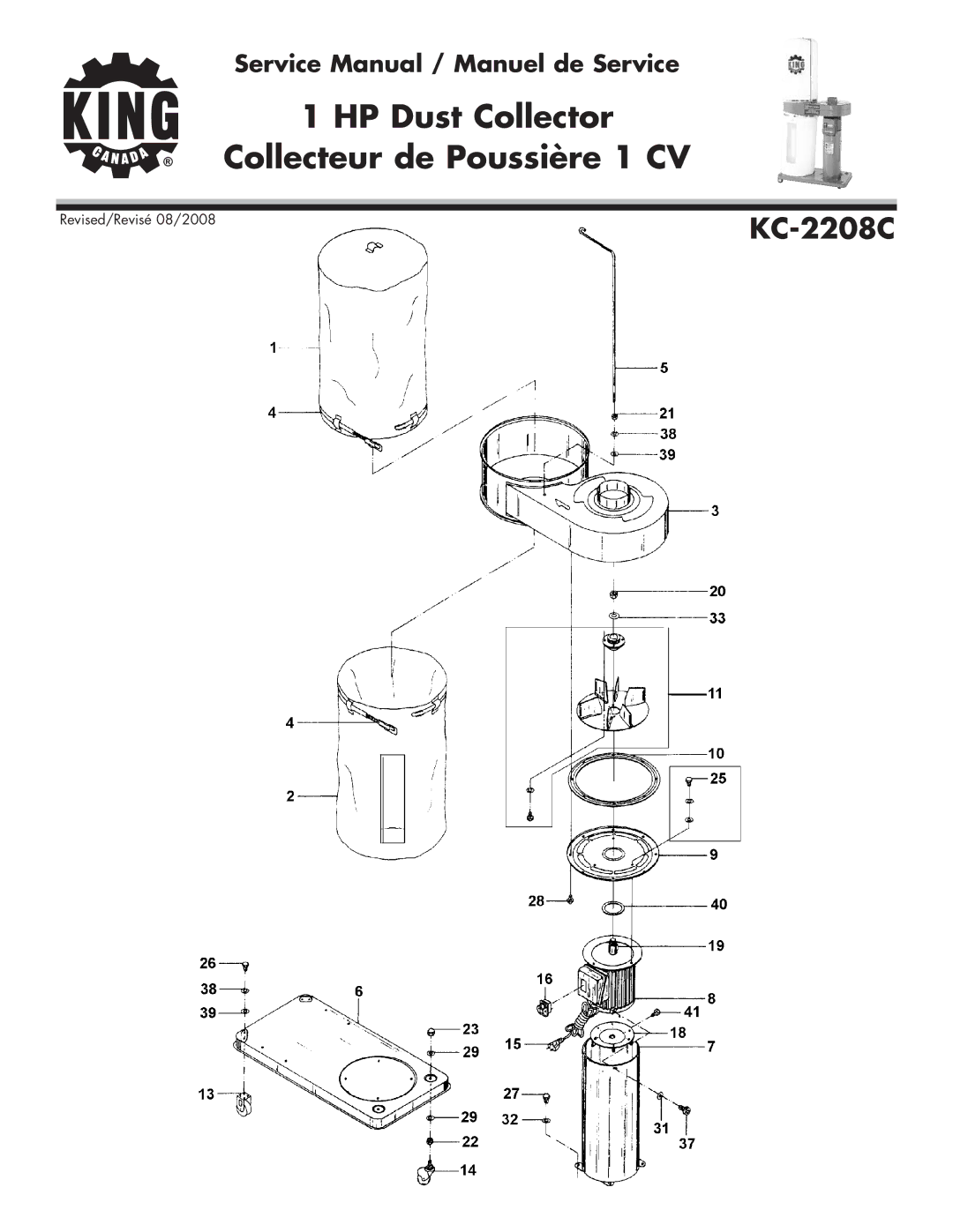 King Canada KC-2208C service manual HP Dust Collector Collecteur de Poussière 1 CV 