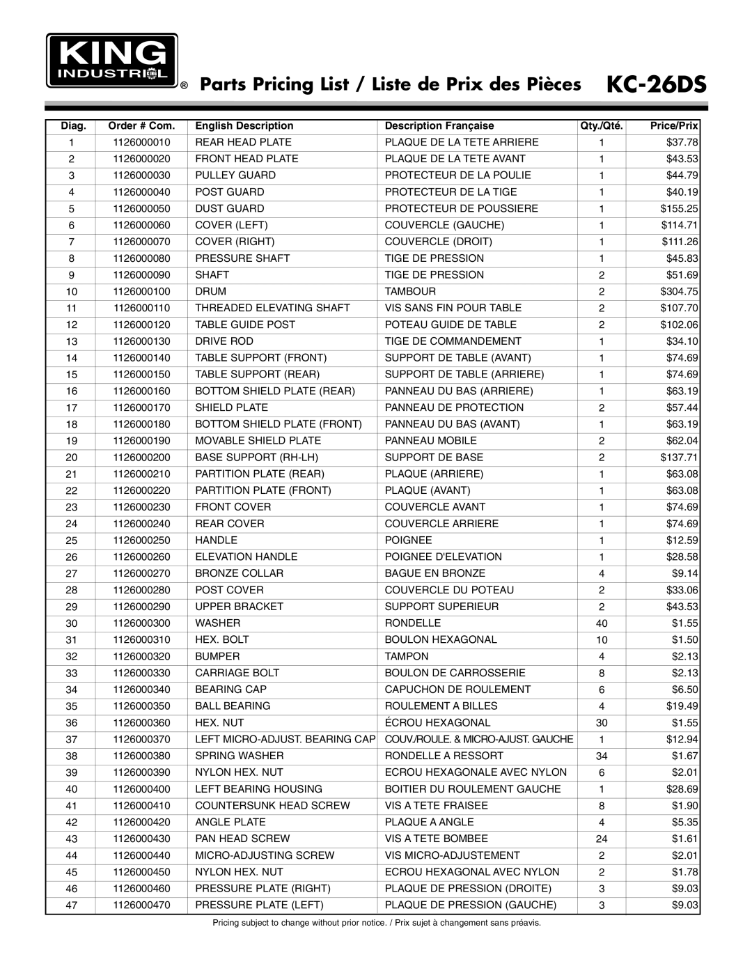 King Canada KC-26DS service manual Parts Pricing List / Liste de Prix des Pièces 