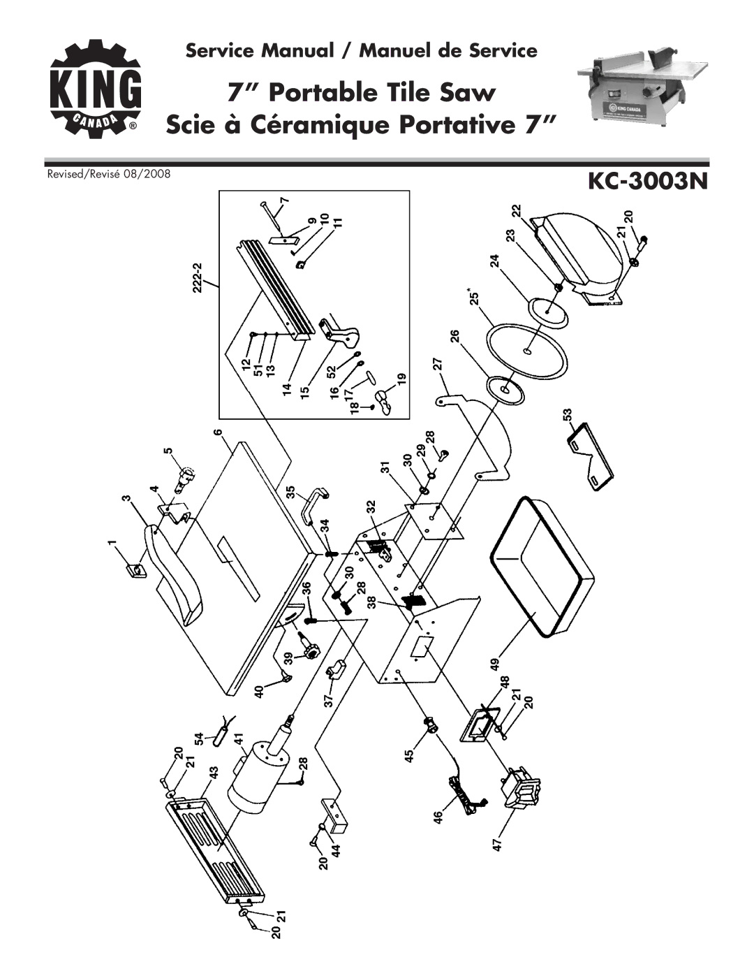 King Canada KC-3003N service manual Portable Tile Saw Scie à Céramique Portative 