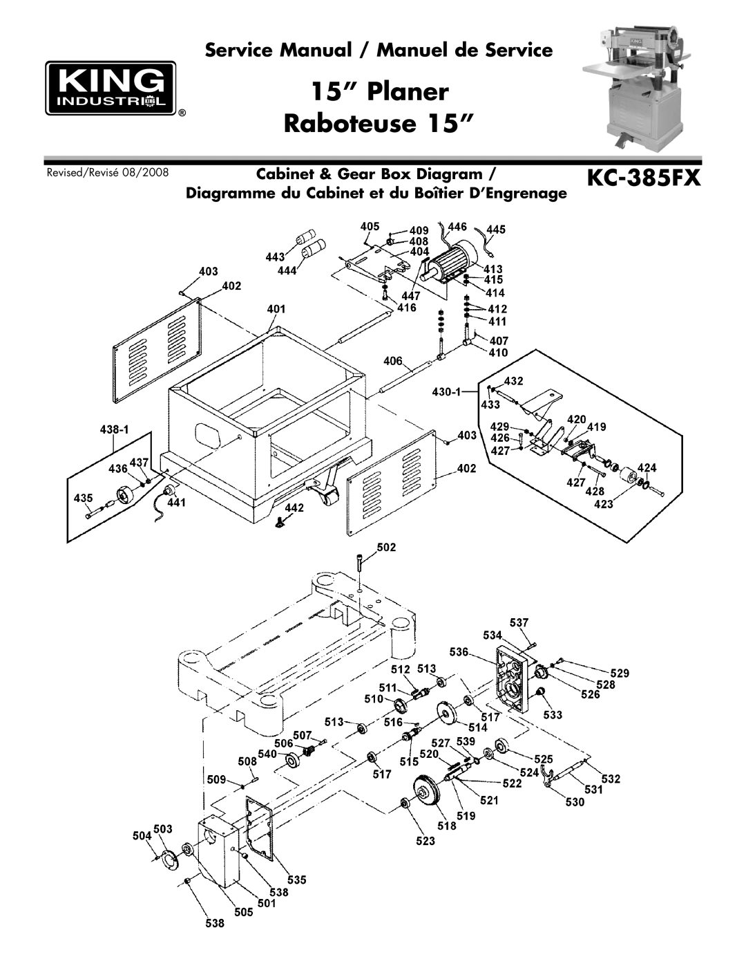 King Canada KC-385FX service manual Cabinet & Gear Box Diagram 