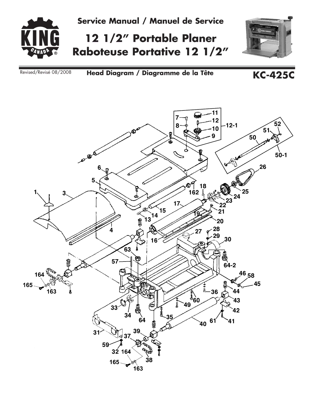 King Canada KC-425C service manual 12 1/2 Portable Planer Raboteuse Portative 12 1/2 