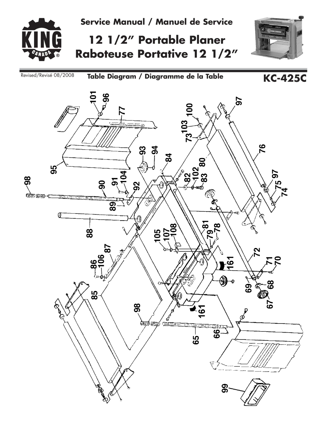 King Canada KC-425C service manual Table Diagram / Diagramme de la Table 