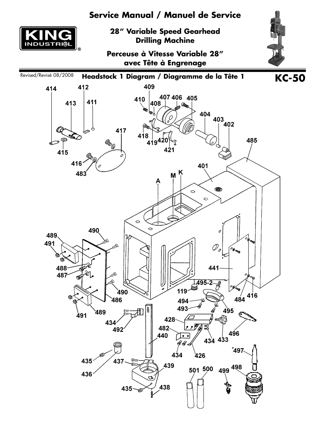 King Canada KC-50 service manual Headstock 1 Diagram / Diagramme de la Tête 