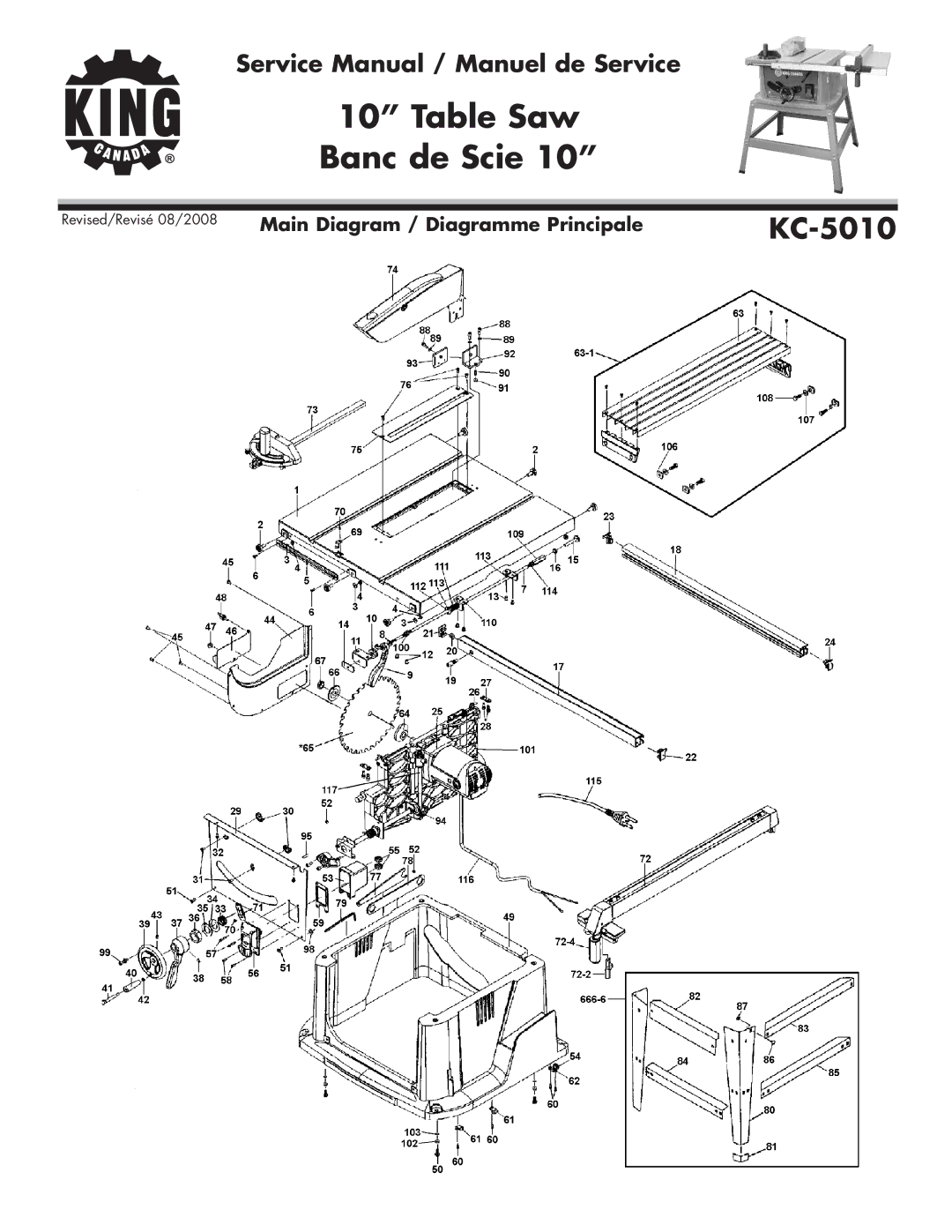 King Canada KC-5010 service manual Table Saw Banc de Scie 