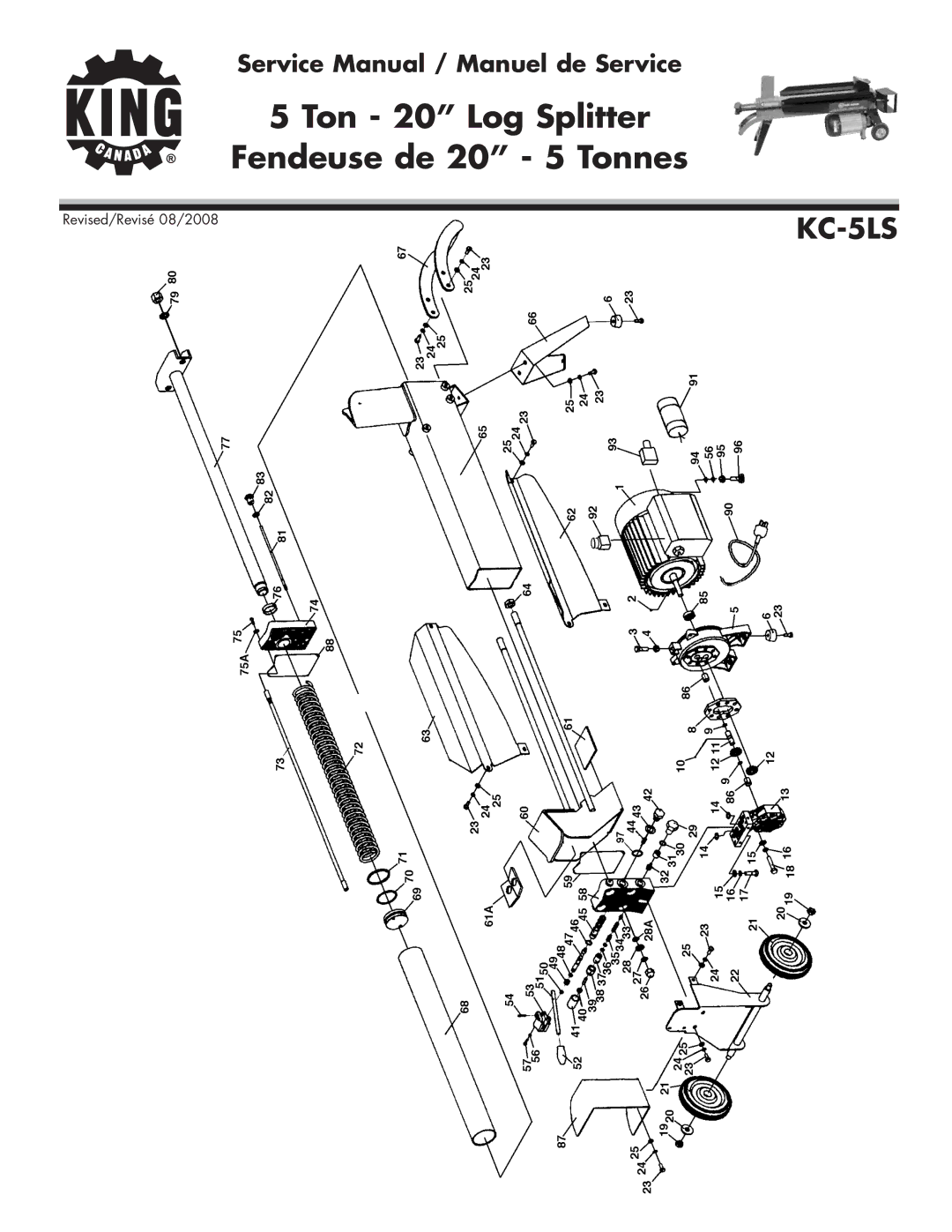 King Canada KC-5LS service manual Ton 20 Log Splitter Fendeuse de 20 5 Tonnes 