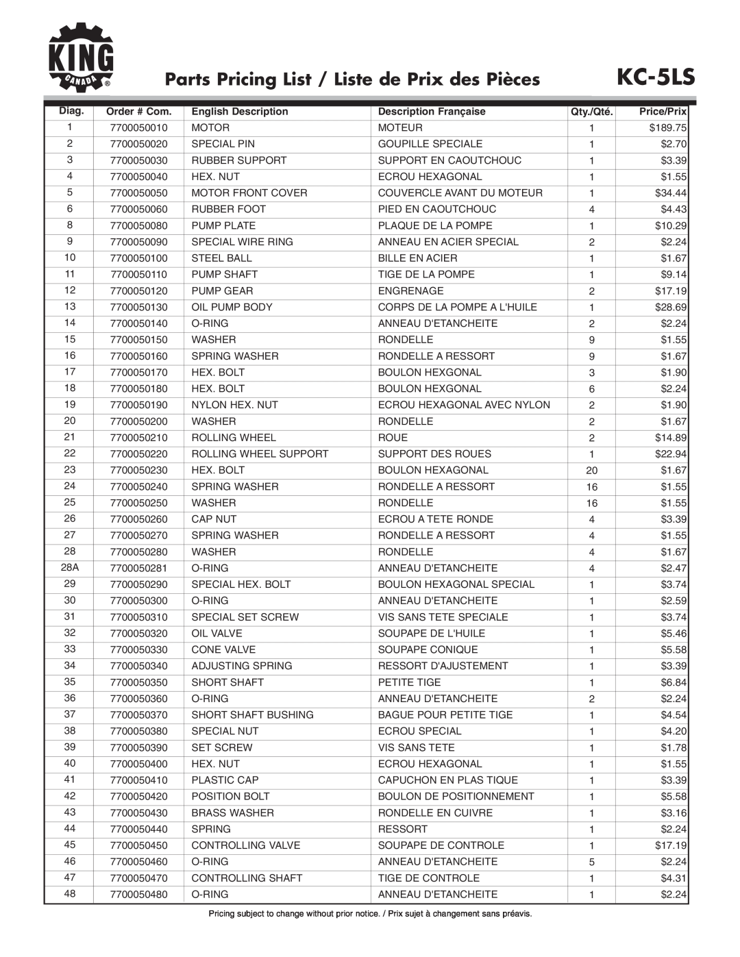 King Canada KC-5LS Parts Pricing List / Liste de Prix des Pièces, Diag, English Description, Description Française 