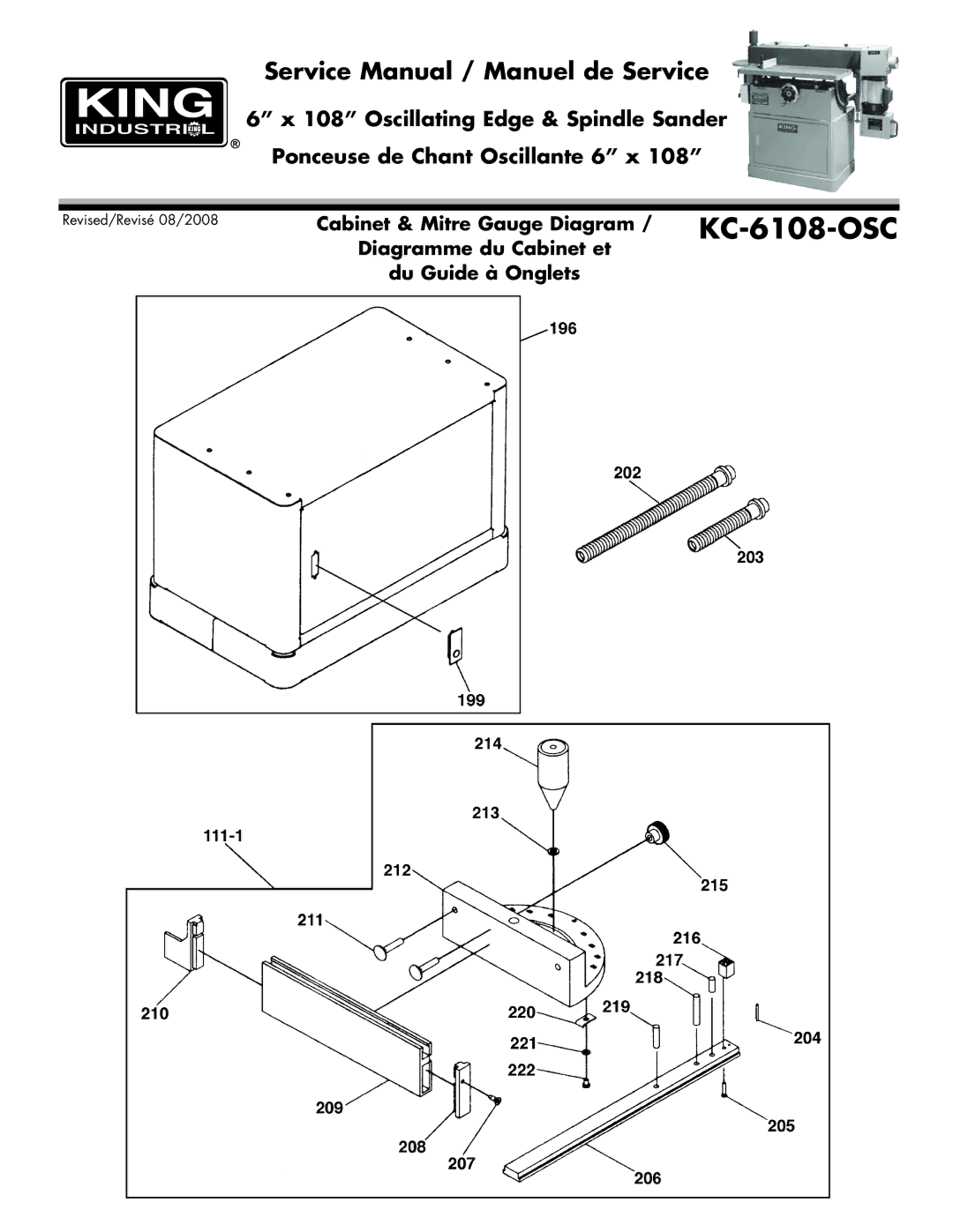 King Canada KC-6108-OSC service manual Cabinet & Mitre Gauge Diagram 