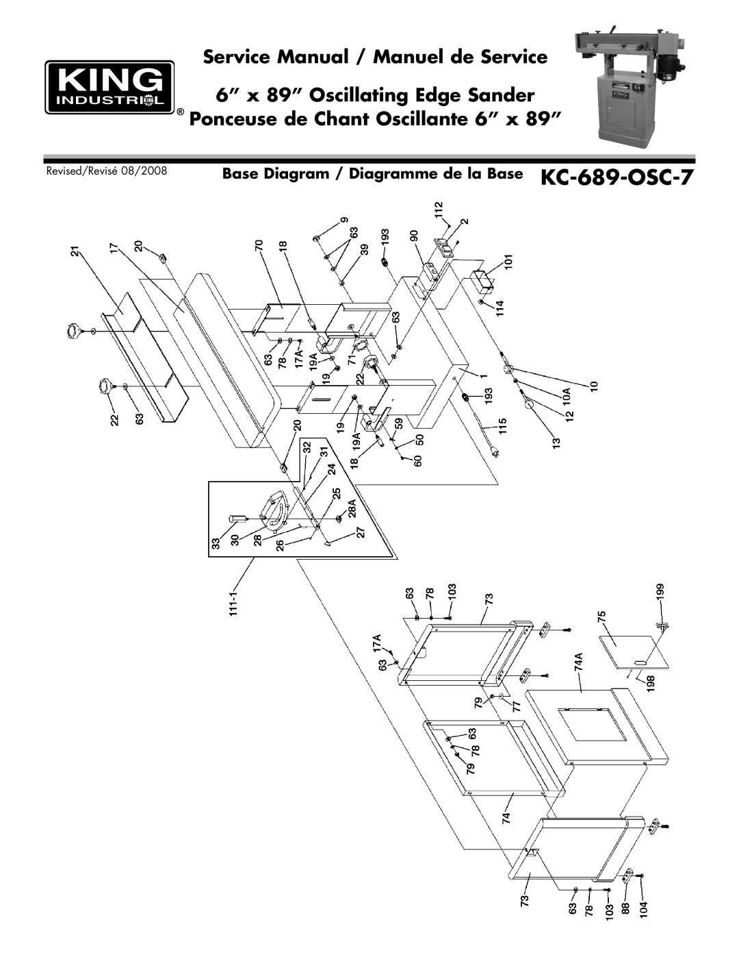 King Canada KC-689-OSC-7 service manual Oscillating Edge Sander Ponceuse de Chant Oscillante 6 x 