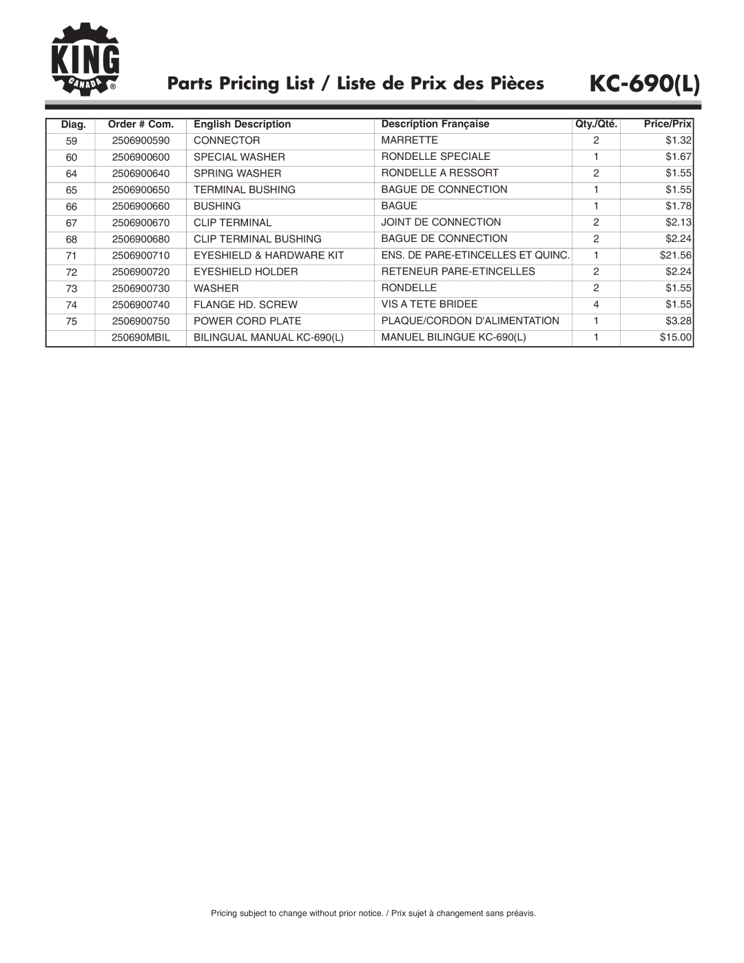 King Canada KC-690(L) service manual Special Washer Rondelle Speciale, Spring Washer Rondelle a Ressort, Bushing Bague 