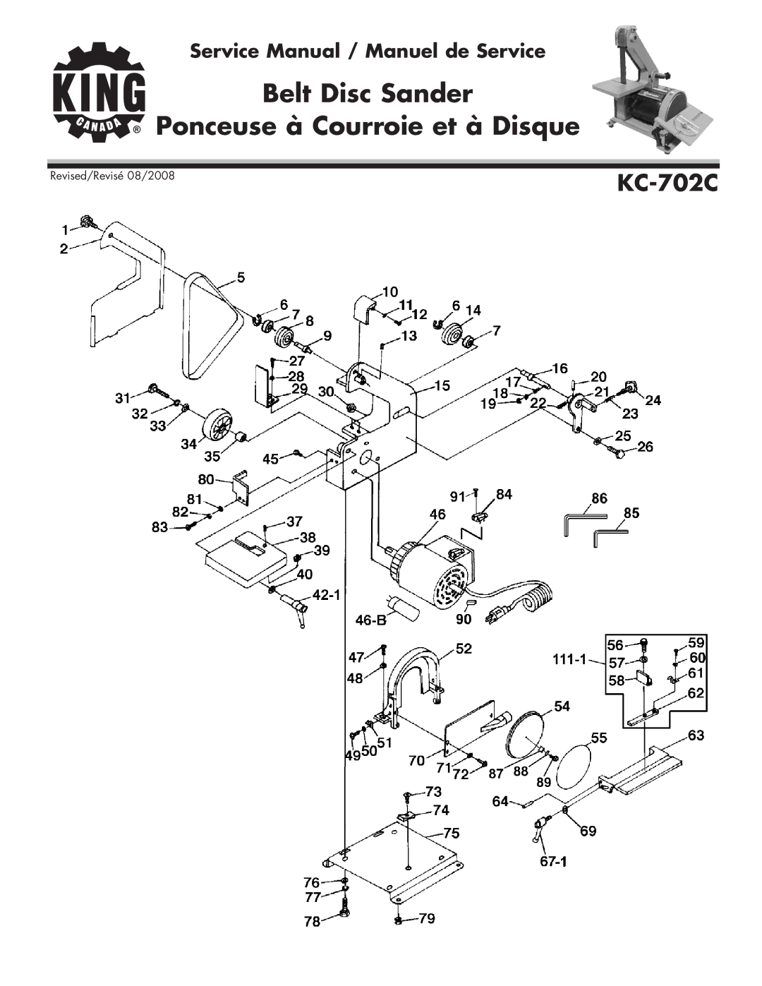 King Canada KC-702C service manual Belt Disc Sander Ponceuse à Courroie et à Disque 