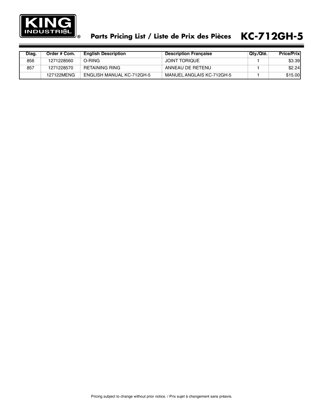 King Canada service manual English Manual KC-712GH-5 Manuel Anglais KC-712GH-5 