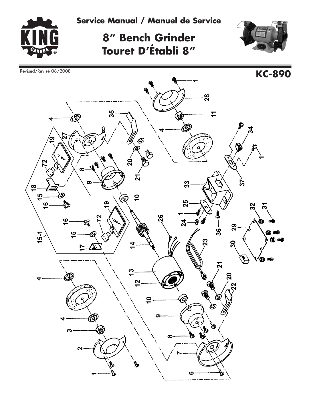 King Canada KC-890 service manual Bench Grinder Touret D’Établi 