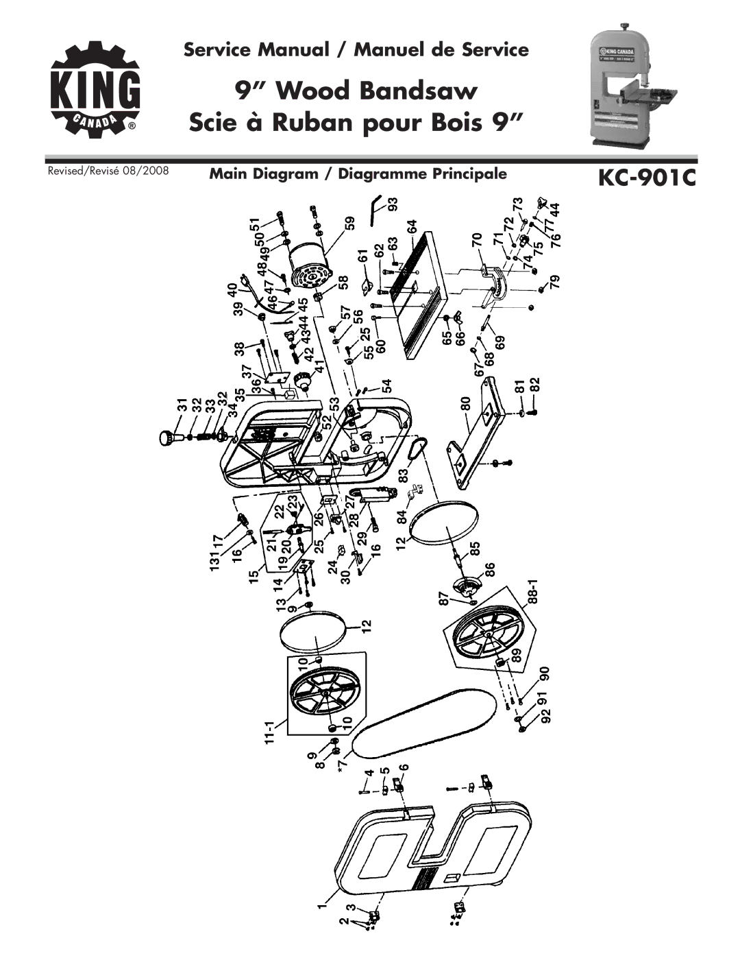 King Canada KC-901C service manual Wood Bandsaw Scie à Ruban pour Bois 