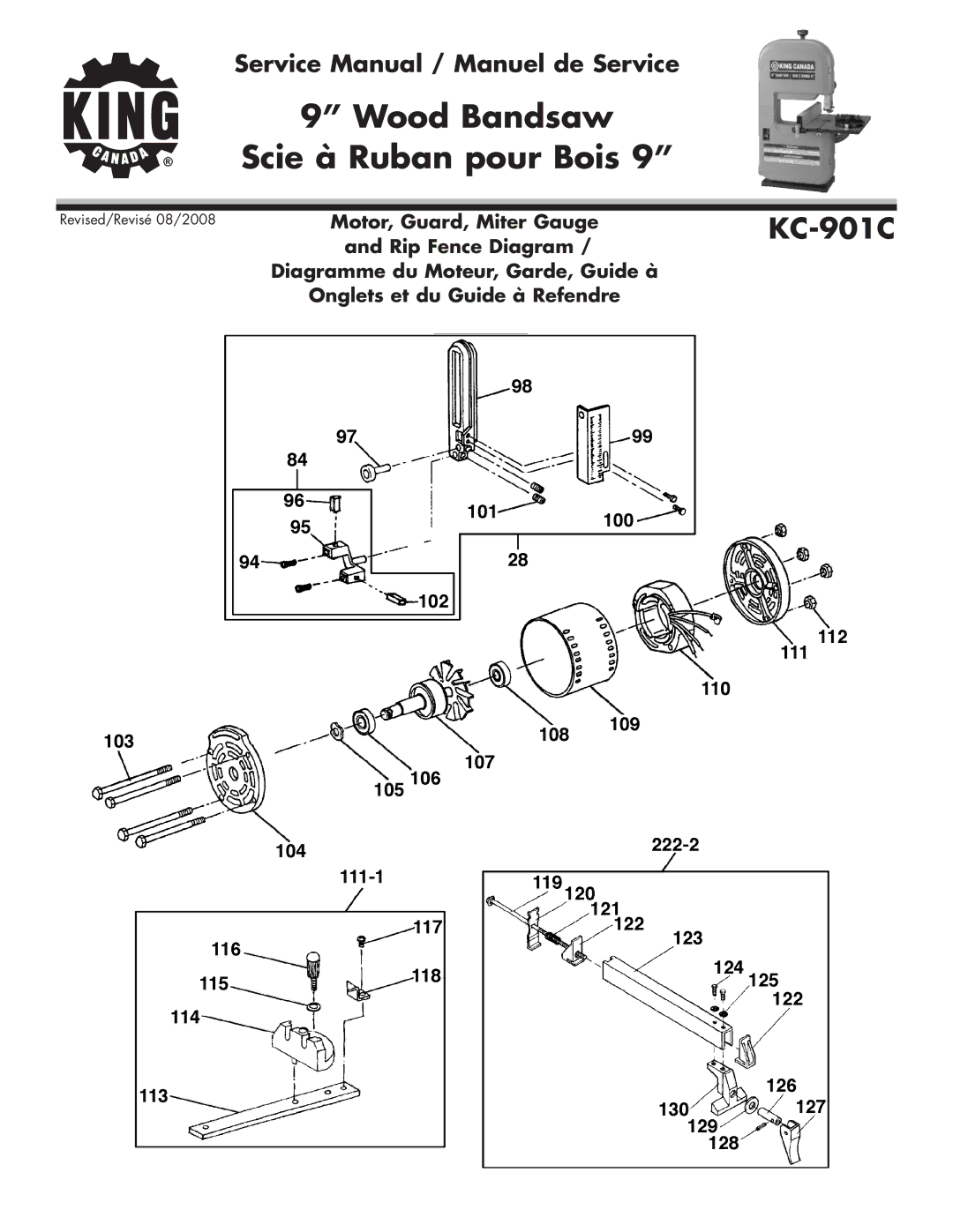 King Canada KC-901C service manual Motor, Guard, Miter Gauge 