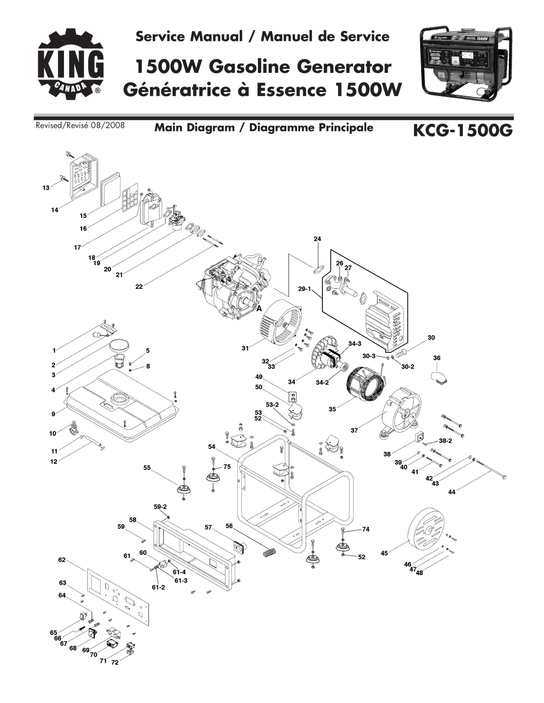 King Canada KCG-1500G service manual 1500W Gasoline Generator Génératrice à Essence 1500W 