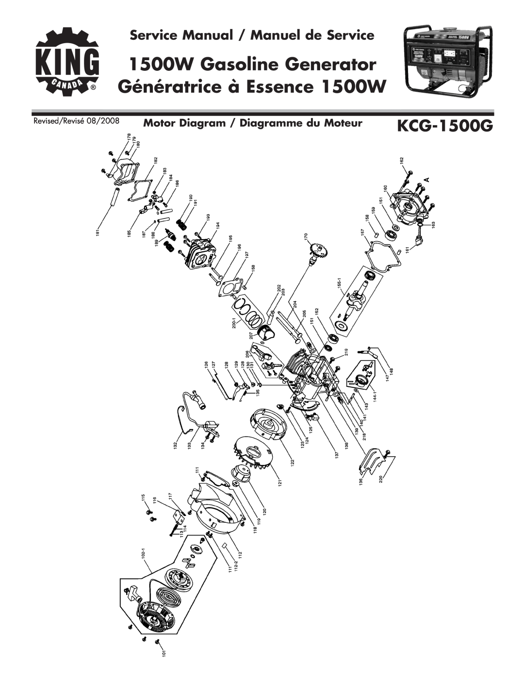 King Canada KCG-1500G Motor Diagram / Diagramme du Moteur, 1500W Gasoline Generator, Génératrice à Essence 1500W 