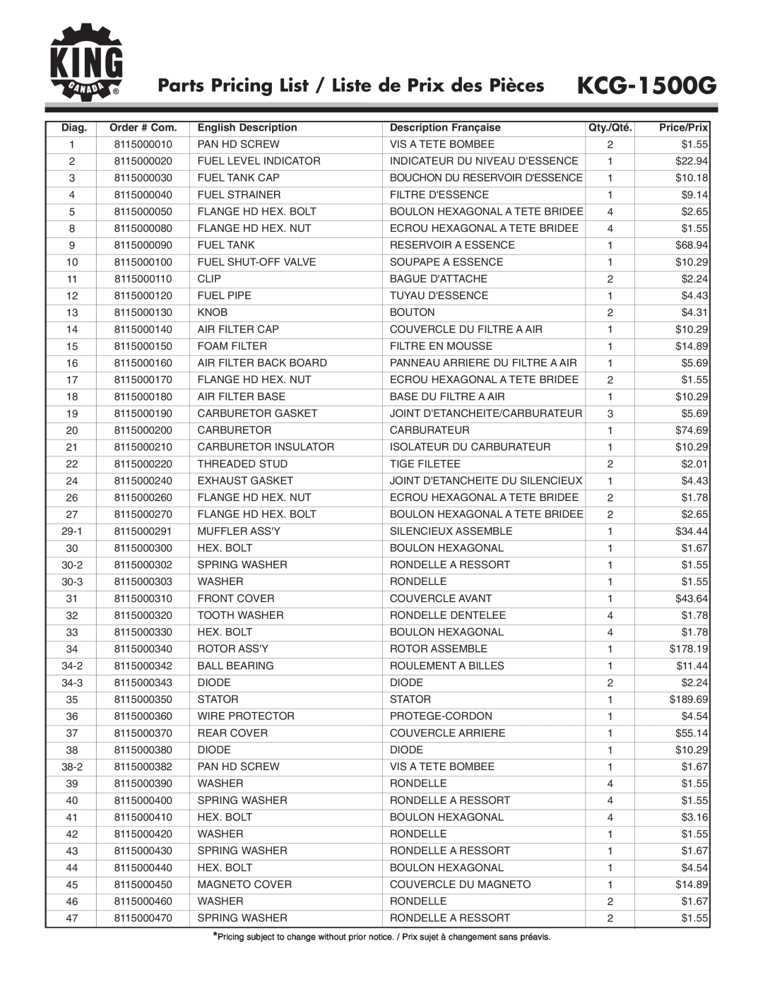 King Canada KCG-1500G Parts Pricing List / Liste de Prix des Pièces, Diag, English Description, Description Française 