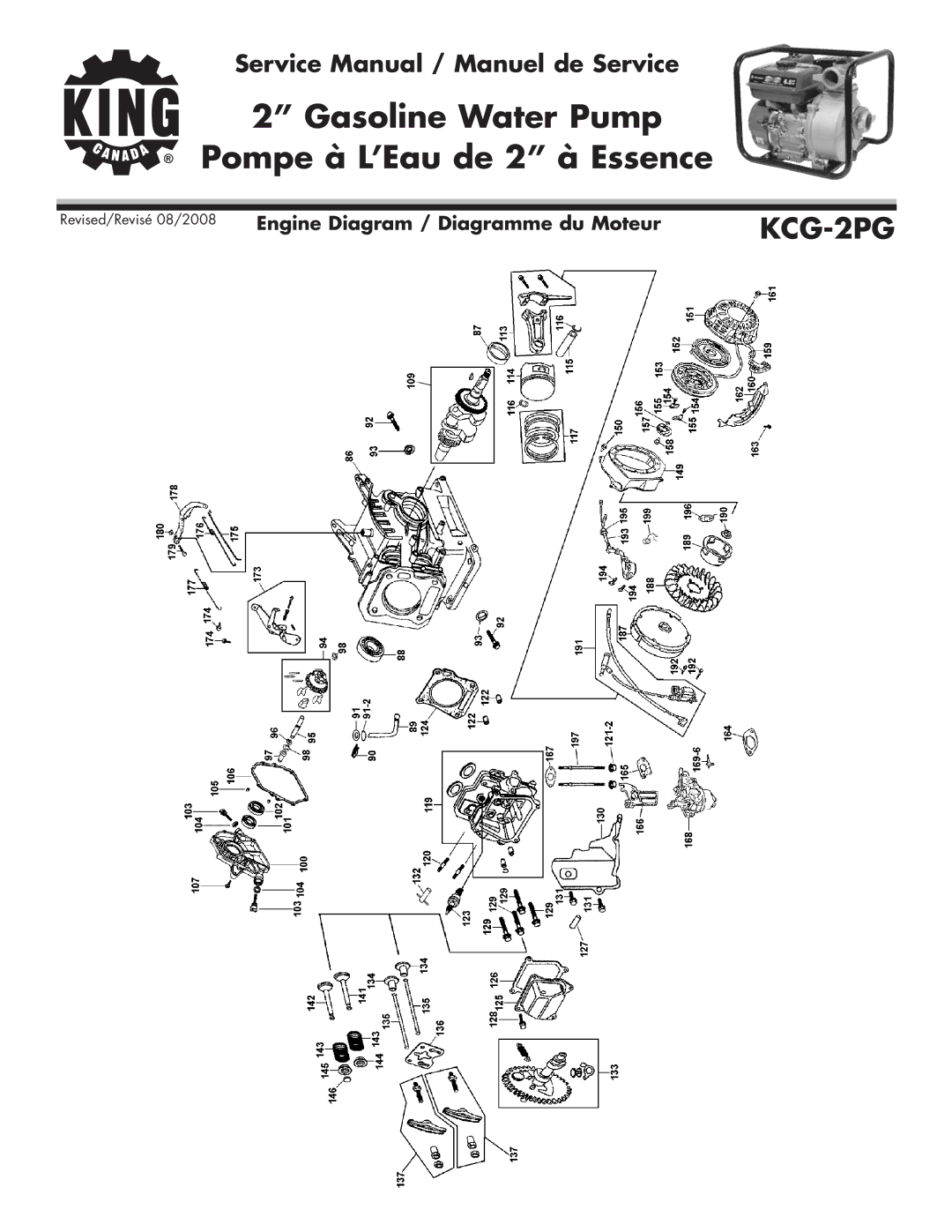 King Canada KCG-2PG service manual Gasoline Water Pump Pompe à L’Eau de 2 à Essence 