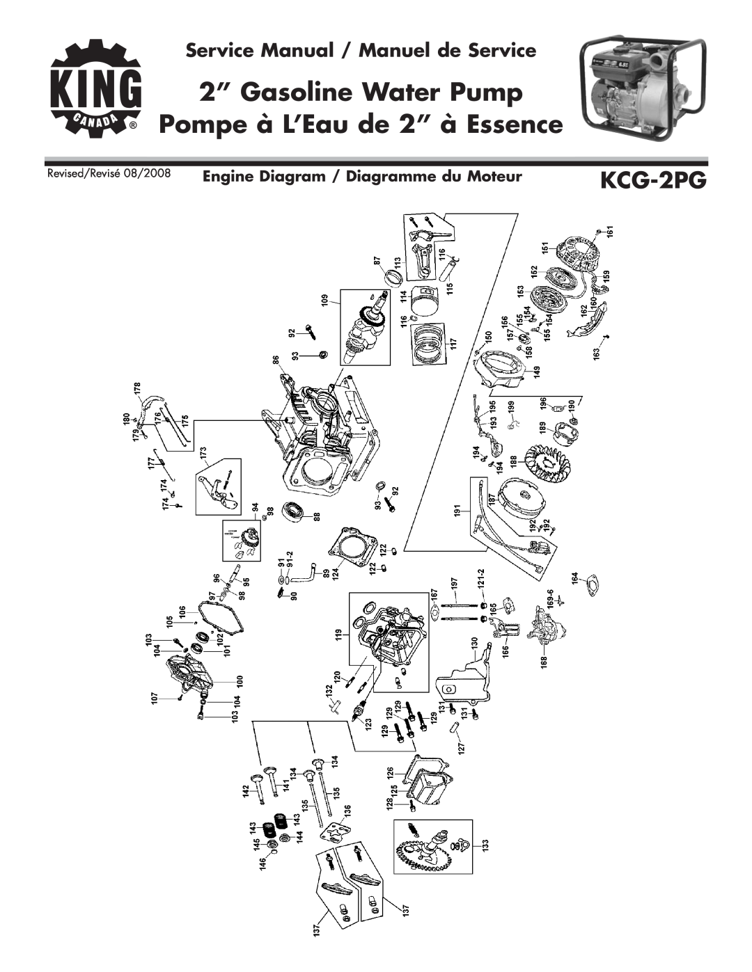 King Canada KCG-2PG service manual 2” Gasoline Water Pump, Pompe à L’Eau de 2” à Essence, Revised/Revisé 08/2008 