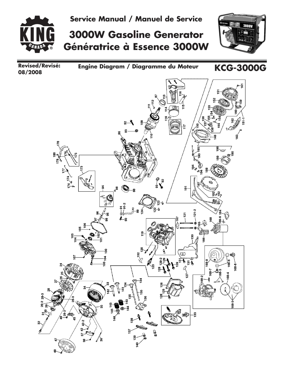 King Canada KCG-3000G service manual 3000W Gasoline Generator Génératrice à Essence 3000W 