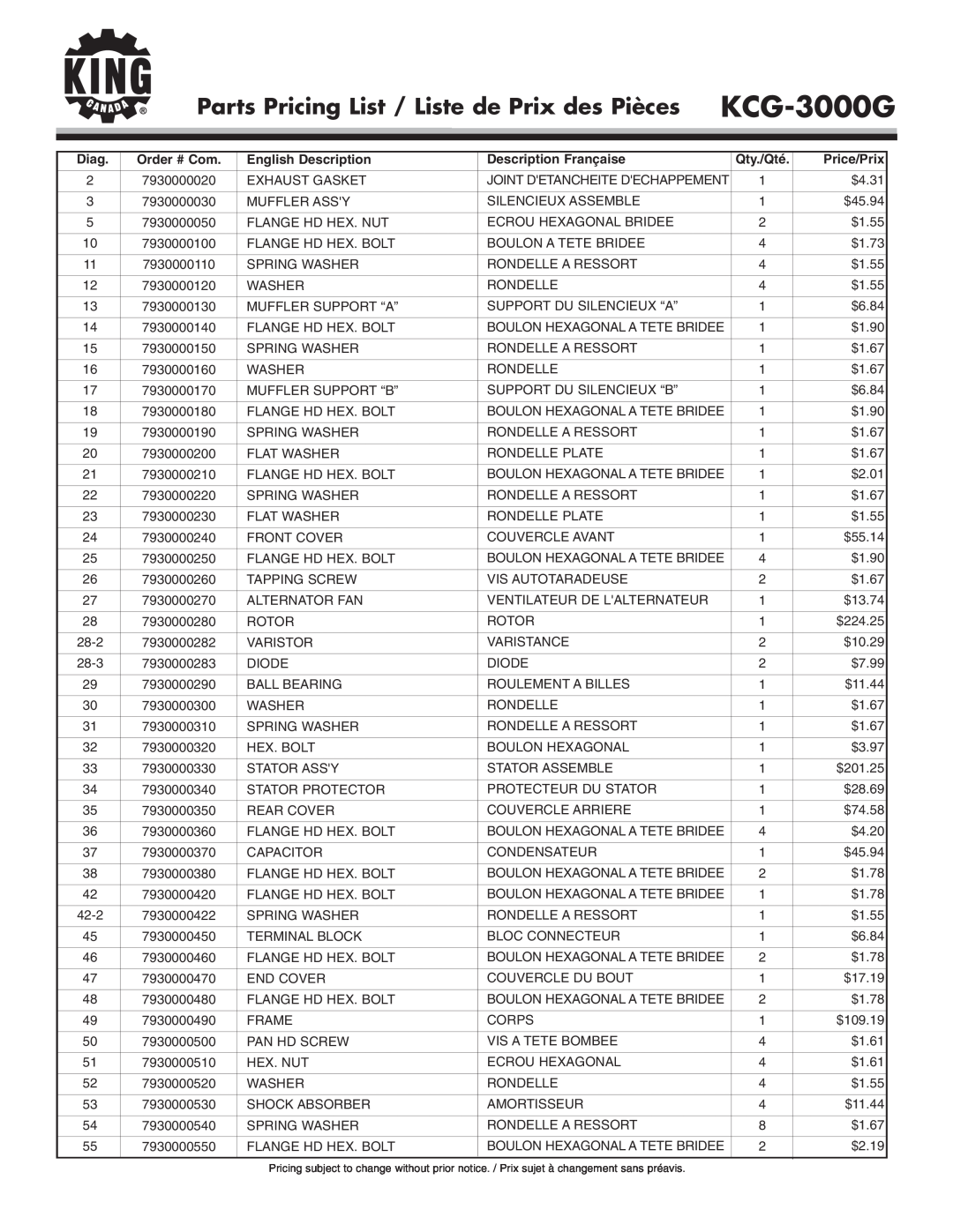 King Canada KCG-3000G Parts Pricing List / Liste de Prix des Pièces, Diag, English Description, Description Française 
