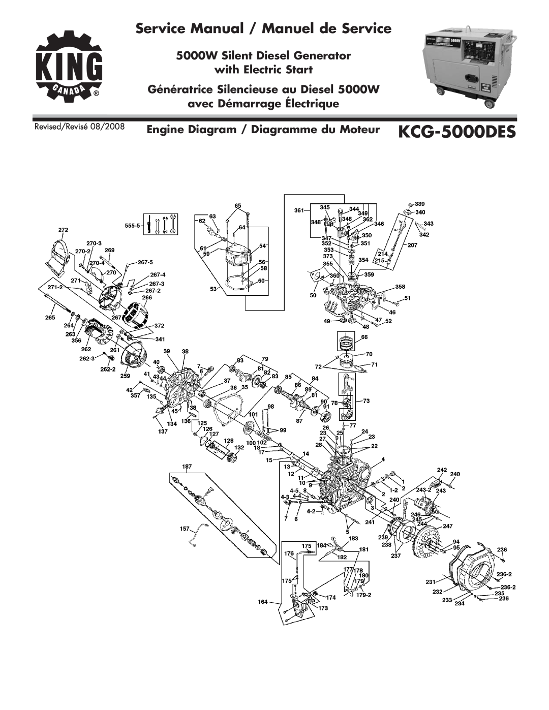 King Canada KCG-5000DES service manual 5000W Silent Diesel Generator with Electric Start, avec Démarrage Électrique 