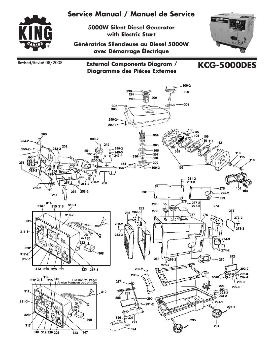 King Canada KCG-5000DES External Components Diagram, Diagramme des Pièces Externes, avec Démarrage Électrique 