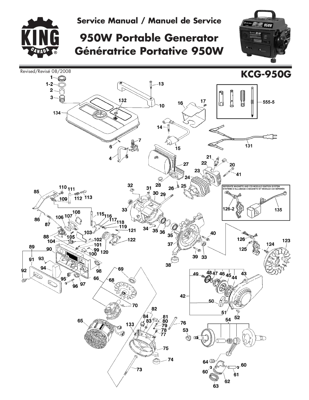 King Canada KCG-950G service manual 950W Portable Generator Génératrice Portative 950W 