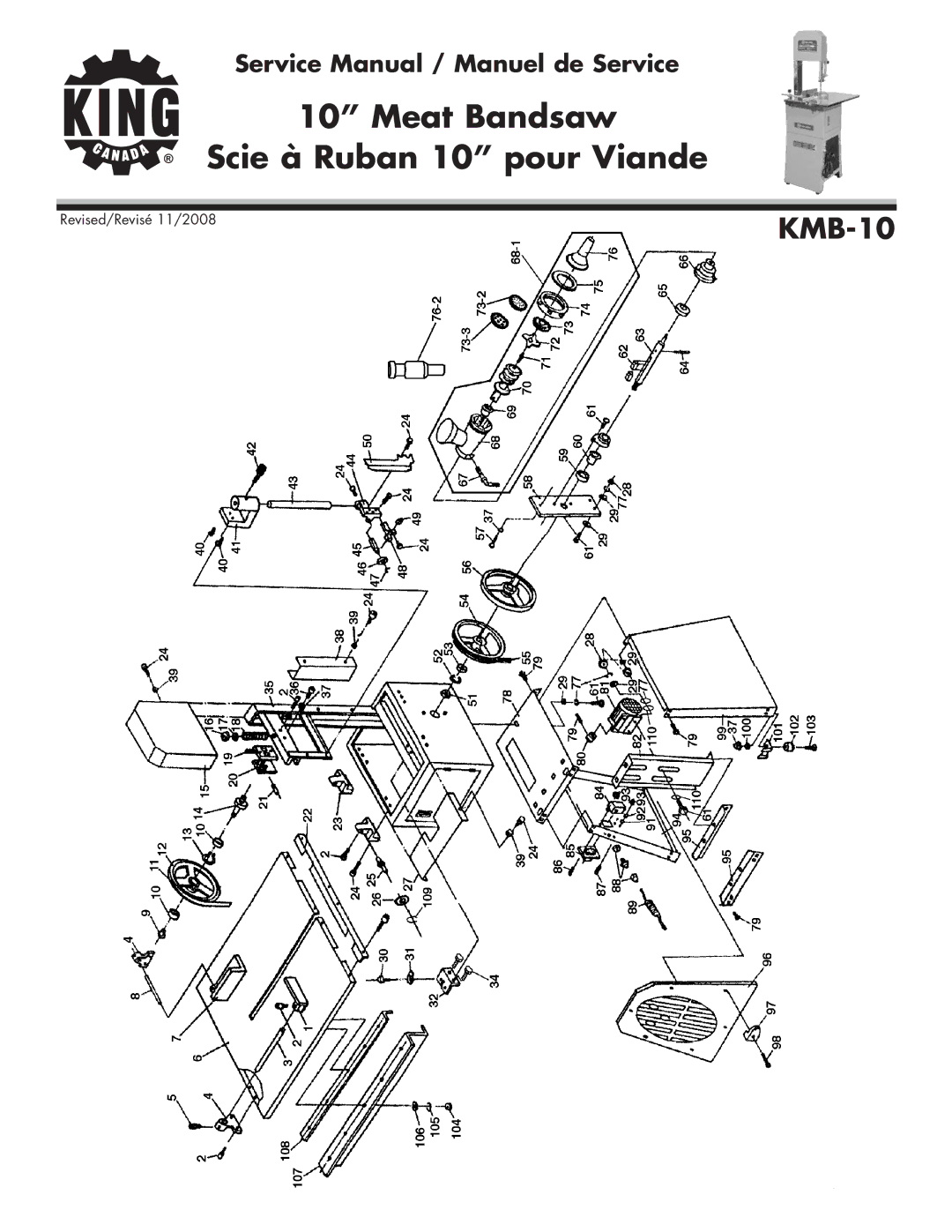 King Canada KMB-10 service manual Meat Bandsaw Scie à Ruban 10 pour Viande 