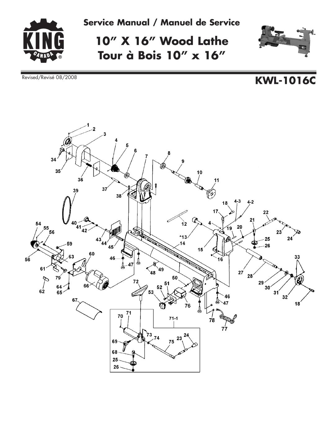 King Canada KWL-1016C service manual 10 X 16 Wood Lathe Tour à Bois 10 x 