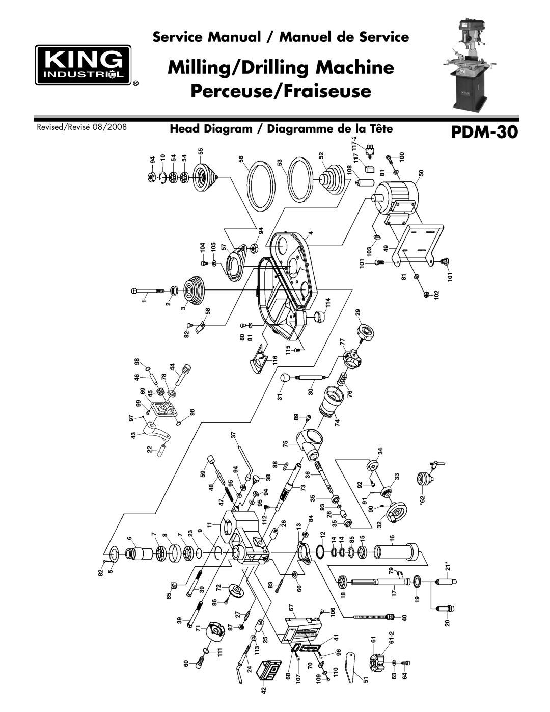 King Canada PDM-30 service manual Milling/Drilling Machine Perceuse/Fraiseuse 