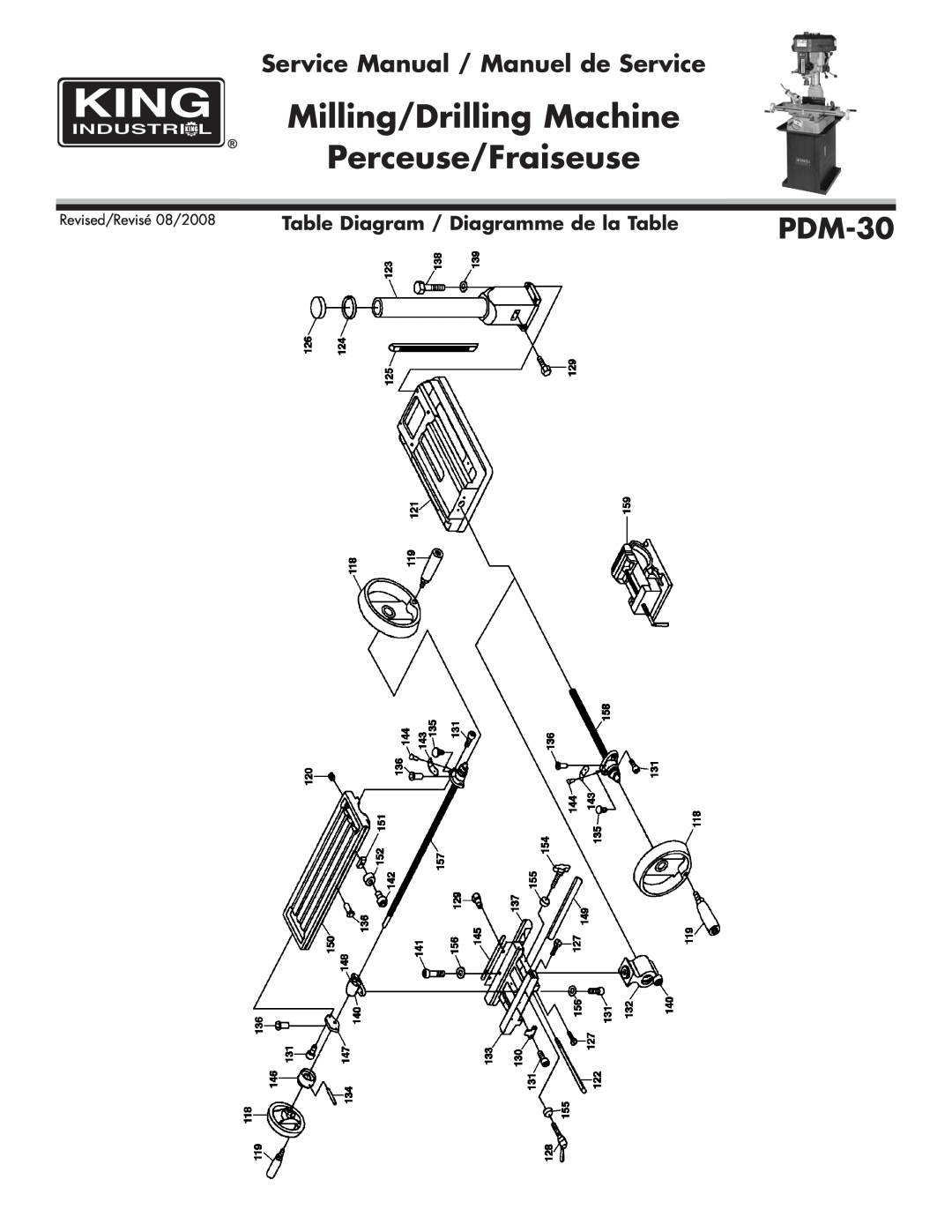 King Canada PDM-30 service manual Table Diagram / Diagramme de la Table, Milling/Drilling Machine Perceuse/Fraiseuse 