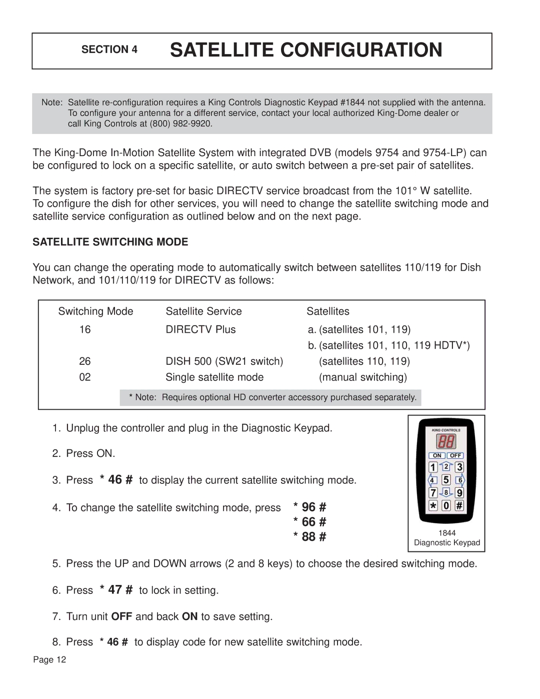 King Controls 9754 operating instructions Satellite Configuration, Satellite Switching Mode 