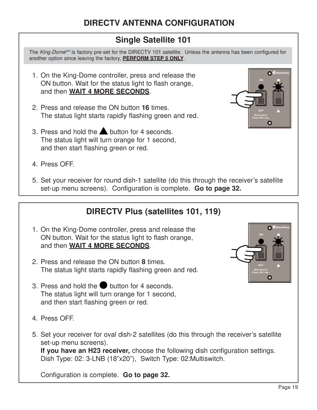 King Controls KD-2200, KD-3200 manual Directv Antenna Configuration, Single Satellite, Directv Plus satellites 101 