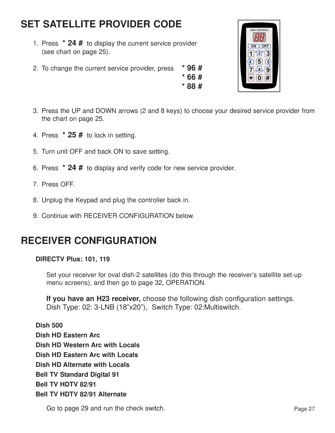 King Controls KD-2200, KD-3200 manual SET Satellite Provider Code, Receiver Configuration 