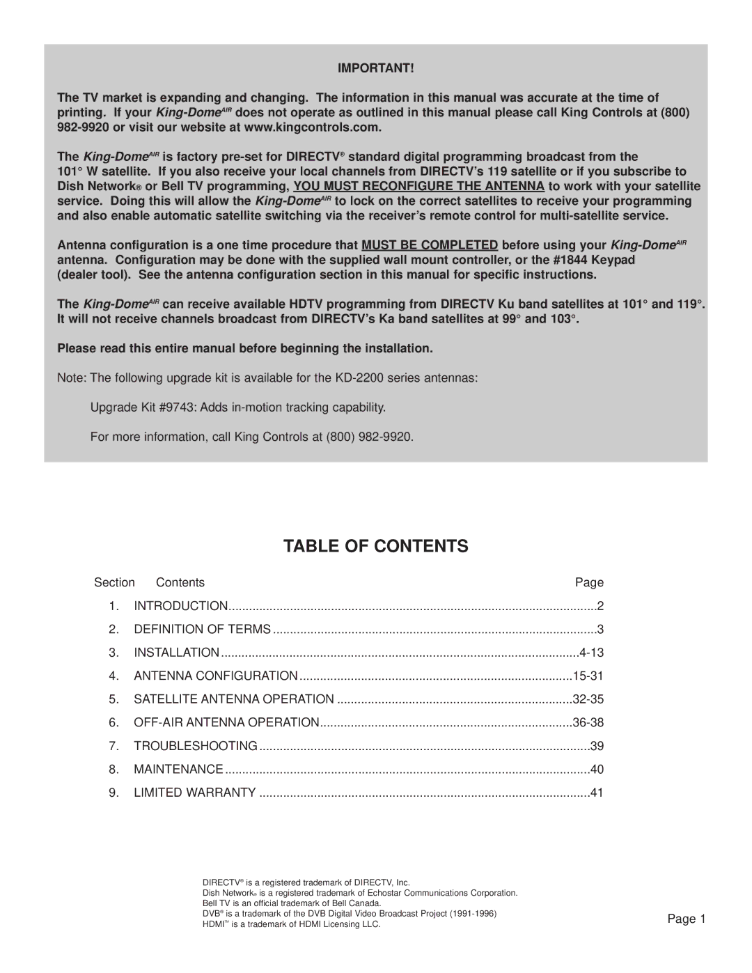 King Controls KD-2200, KD-3200 manual Table of Contents 